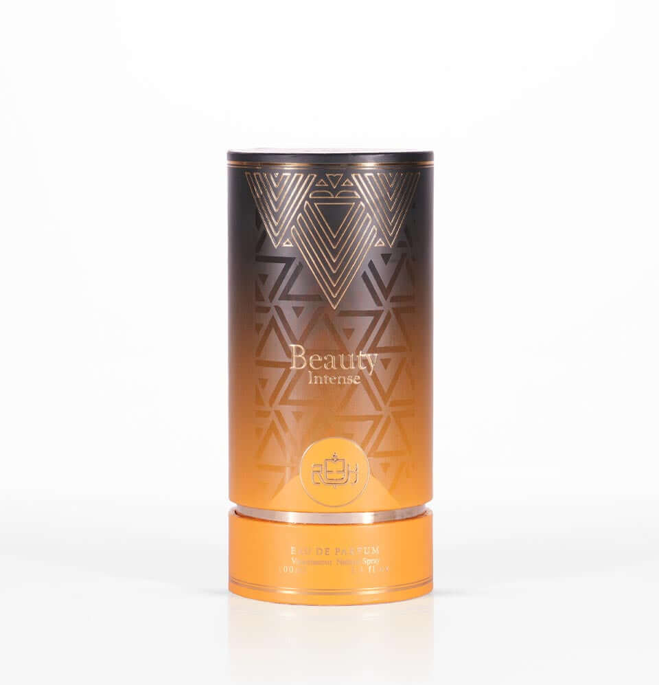 Beauty Intense fragrance packaging by Reeh Al Madinah, featuring a geometric design and warm gradient colors.