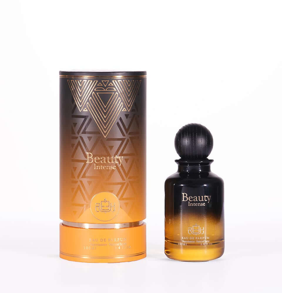 Beauty Intense fragrance bottle and packaging by Reeh Al Madinah, showcasing elegant design and fresh scent.
