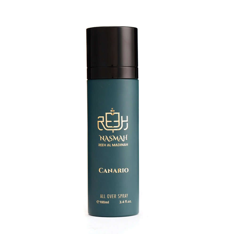 Canario fragrance by Nasmah, all-over spray bottle with a green design and black cap, 100ml size.