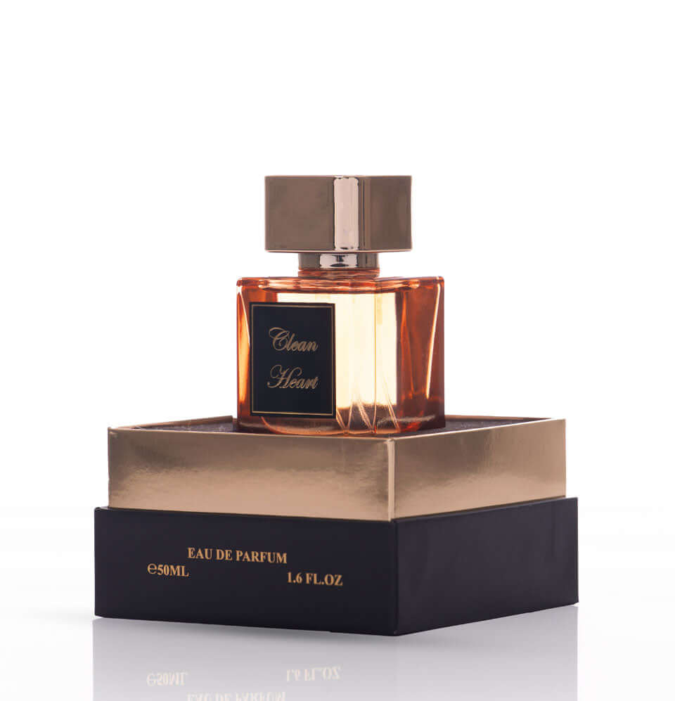 Clean Heart unisex fragrance bottle elegantly displayed on a box, featuring a modern design.