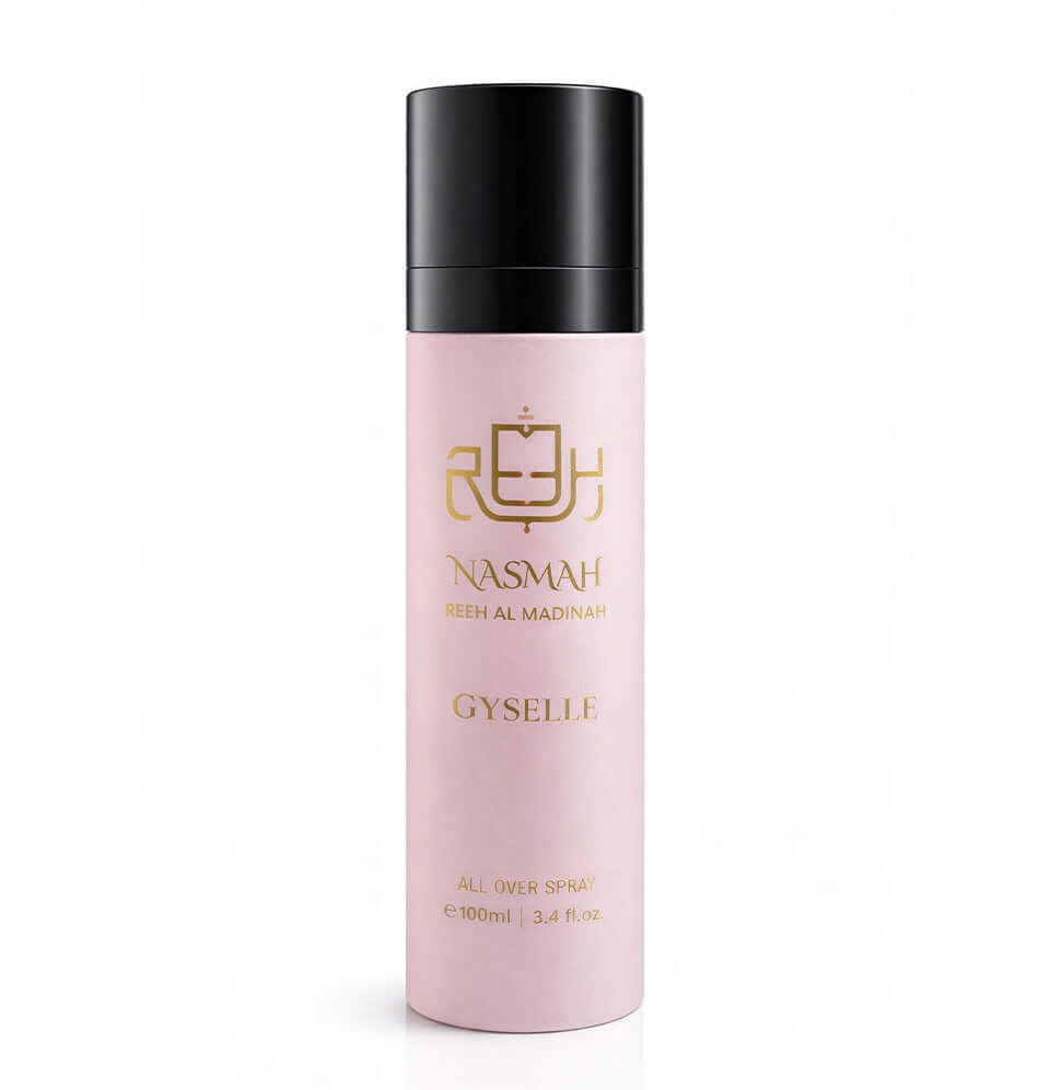 Nasmah Gyselle all-over spray bottle featuring a pink design and elegant branding.