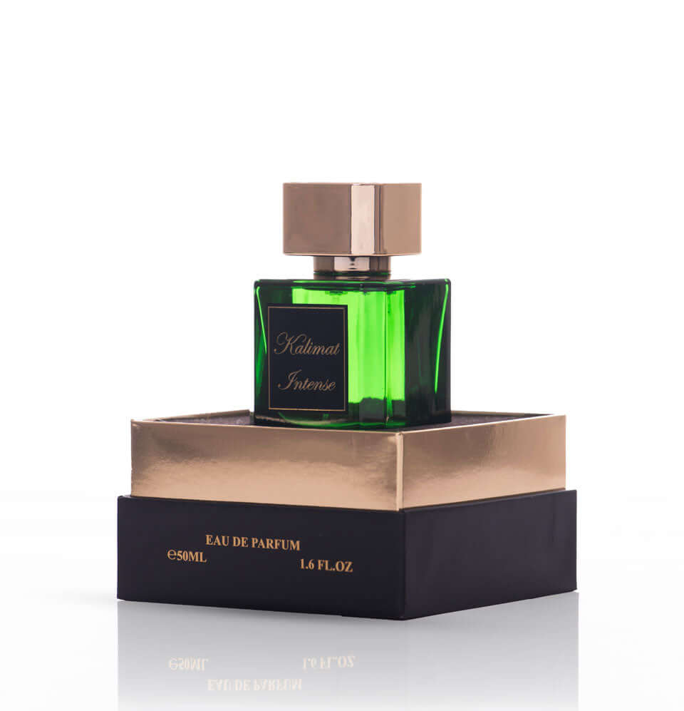 Kalimat Intense fragrance bottle in a green glass packaging with gold accents, presented in a stylish box.
