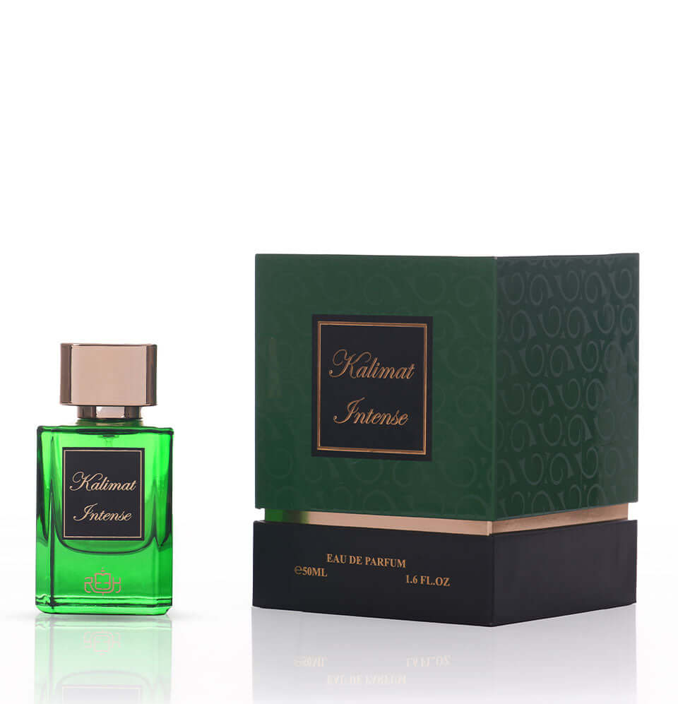 Kalimat Intense unisex fragrance bottle and box showcasing its luxurious green design and elegant packaging.