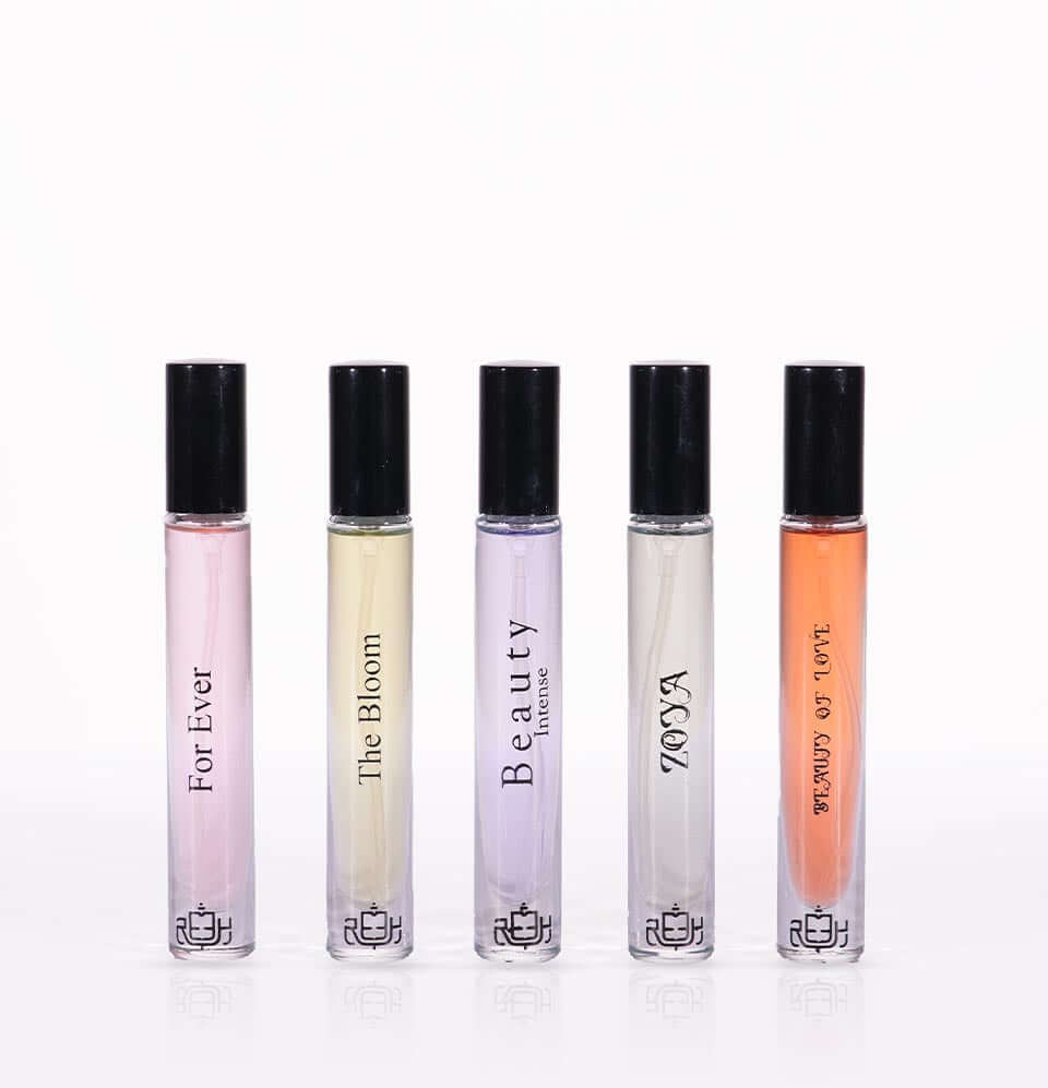Miniature fragrance gift set for women featuring five stylish perfume rollers: For Ever, The Bloom, Beauty, Haya, and Aura of Love.