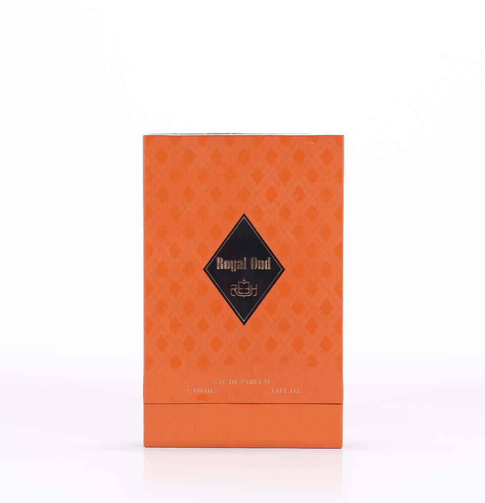 Royal Oud fragrance box by Reeh Al Madinah, showcasing its elegant orange packaging.