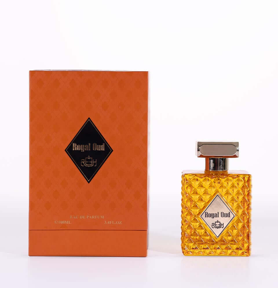 Royal Oud fragrance in a stylish bottle with an elegant box, perfect for luxury evening wear.